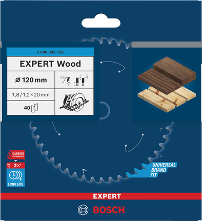 Bosch EXPERT 목재용 원형톱날 120mm는 깔끔한 목재 절단에 적합합니다.